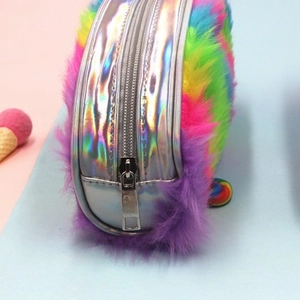 Rainbow plush pencil case with large capacity and laser silver zipper for students