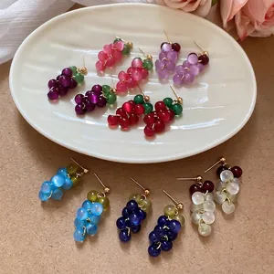 Colorful resin grape tassel drop earrings with silver pins and cat eye stone beads