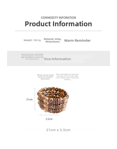 Detailed size specifications for the vintage rhinestone wide elastic gold bracelet