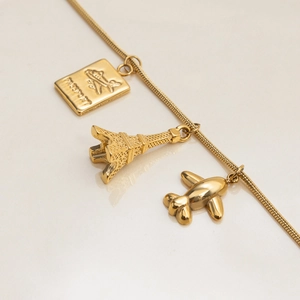 18K gold plated stainless steel necklace with passport and Eiffel Tower charms