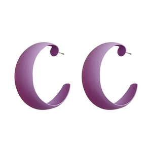 Minimalist matte purple C-shaped hoop earrings with silver pins for women in a clean look