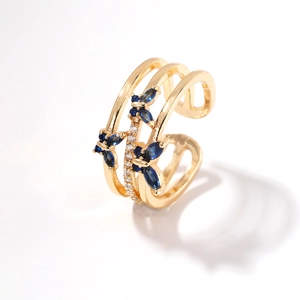 Elegant triple-layer gold butterfly open ring with blue gemstones and white crystals