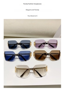 Detail view of square rimless sunglasses showing five color variants with gold metal accents