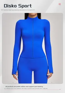 Detail of royal blue zip-up yoga jacket showing neck guard and thumbhole cuffs
