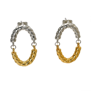 Two-tone oval twisted hoop earrings in gold and silver finish with textured rope design