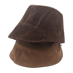 Flat top faux suede bucket hat in dark and light brown with stylish stitched brim
