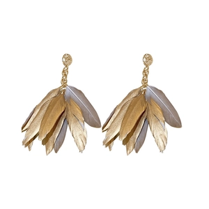 Bohemian feather earrings in gold and silver tones with textured hammer finish studs