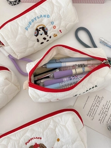 Large capacity white quilted pencil case with cute puppy embroidery and red zipper