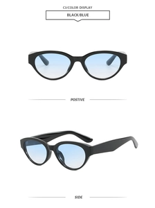 Dettaglio degli occhiali da sole cat-eye neri con lenti blu sfumate, vista frontale e laterale