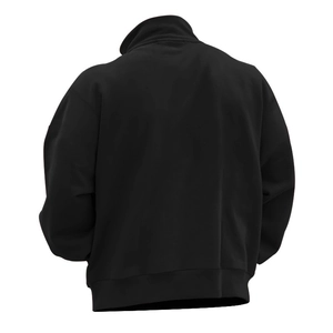 Detail view of the black long-sleeve sweatshirt back with stand collar and ribbed hem