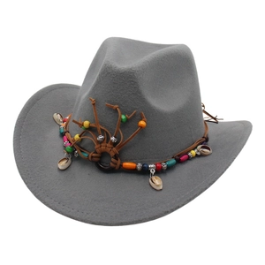 Women Western Cowboy Fedora Hat Polyester Ethnic Style Wide Brim Curved Hat With Colored Beads Shells Bohemian Travel Hat