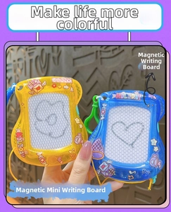 Close-up of mini magnetic writing board keychain with creative guitar shape and cartoon art