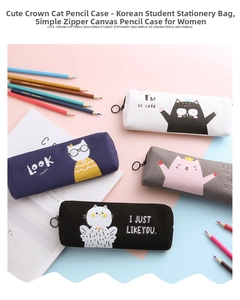 Flat lay of colorful canvas cat pencil cases with large ring zippers and cute prints
