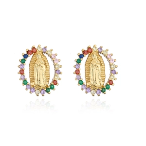 18K gold plated Our Lady of Guadalupe earrings with multicolor cubic zirconia halo