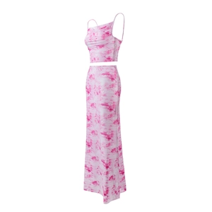 Detailed side view of pink tie-dye crop camisole and bodycon maxi skirt set