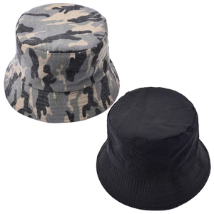 Two-pack camo and solid black cotton bucket hats with flat top and stitched brim