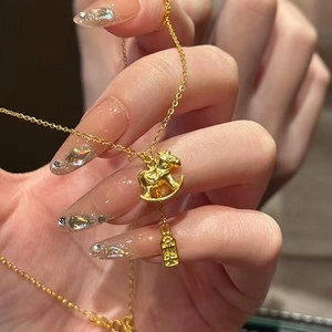Rocking Horse Pendant Necklace Copper Gold Plated Rectangular Peace Tag Clavicle Chain Vintage Style Jewelry For Women