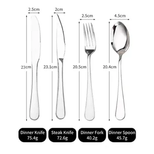 Polished silver stainless steel cutlery set showing knife, fork and spoon dimensions