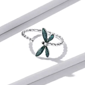 Exquisite 925 sterling silver open ring featuring a blue enamel dragonfly with zircon