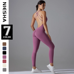 Women Backless Crisscross Yoga Jumpsuit Scrunch Butt Tight Sports One Piece Bodysuit Sleeveless Fitness Unitard Top And Bottom