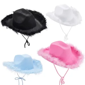 Western Cowboy Hat With Furry Feather Trim Edge For Women Girls Birthday Party Costume Dress Up Pink White Black Hat