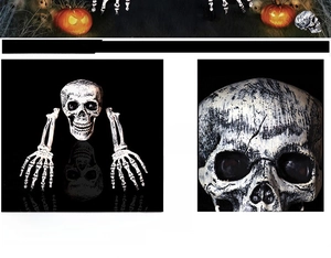 Detailed view of realistic 3-piece Halloween skeleton set with skull and boney hands