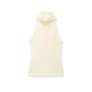 Elegante chaleco de punto con cuello alto sin mangas en color crema con textura de canalé
