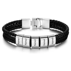 Detailed close-up of custom braided leather bracelet with five engraved stainless steel beads