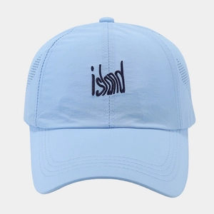 Quick-dry light blue baseball cap with island embroidery and breathable side vents