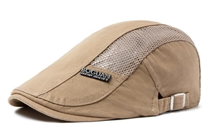 Detail of khaki ivy cap showing breathable mesh panels and adjustable side metal buckle