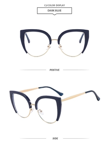 Detailed front and side view of dark blue cat-eye frames with golden metal temples