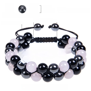 Adjustable double layer 8mm rose quartz and obsidian beaded bracelet for men and women
