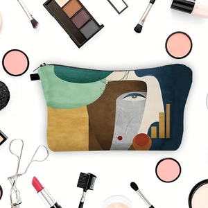 Artistic oil painting makeup bag with abstract face design and cosmetic accessories