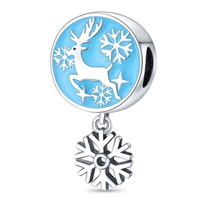 Detail of silver reindeer charm with blue enamel and dangling snowflake pendant