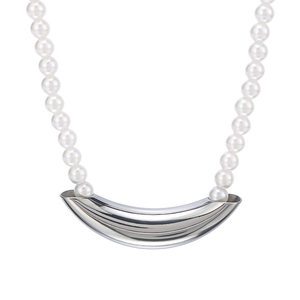 Silver curved tube pendant with white pearl chain necklace for women fashion style