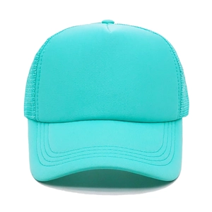 Detailed close-up of turquoise mesh trucker hat with breathable nylon net and curved brim
