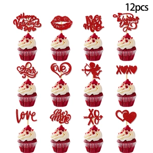 Set of 12 glitter red heart cake toppers for Valentine's Day party decorations