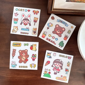 Set of 4 cute cartoon PVC stickers for water bottles featuring bears and cats