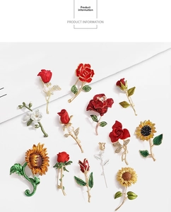 Detailed collection of floral alloy brooches with enamel roses and rhinestone sunflowers