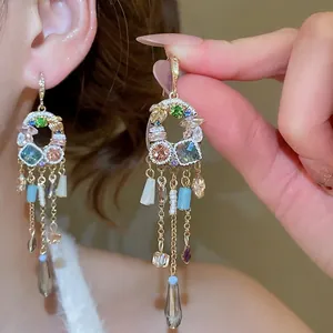 French vintage long tassel drop earrings with colorful crystals and sparkling diamonds