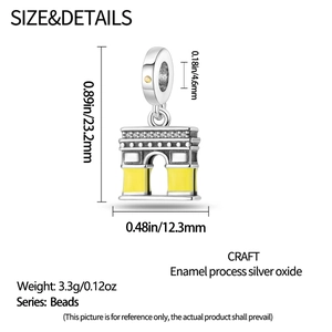 Detailed dimensions of the Arc de Triomphe silver charm bead with yellow enamel accents