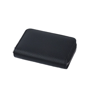 Compact black litchi grain leather card holder with secure zipper and large capacity