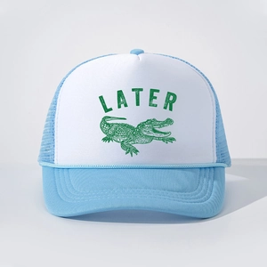 Blue and white trucker hat featuring a green dinosaur print and LATER text design