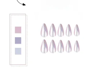 Détail de 10 faux ongles amande violette avec finition holographique et effet aurora