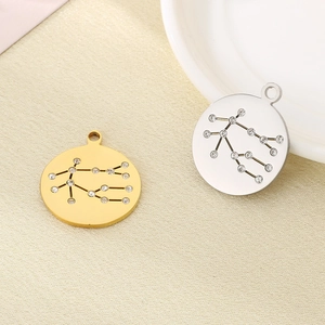 18K gold and silver stainless steel zodiac coin pendants with inlaid crystals