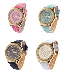 Geneva women's quartz watches with rhinestone bezel and textured leather straps in four colors