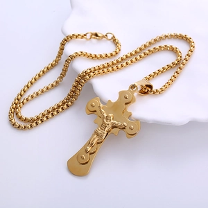 Herren Hip-Hop 18k vergoldete Edelstahl Kreuz Anhänger Halskette mit Box Kette Design