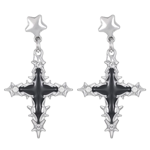 Elegant silver star and black cross earrings with sparkling crystals in minimalist style