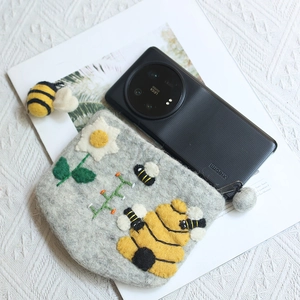 Handmade wool felt bee coin purse with 3D floral embroidery and a cute pom-pom zipper pull