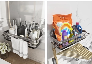 Wall-mounted sponge holder detail showing dual-use storage for kitchen and bathroom